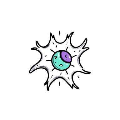 hand-drawn anatomical neuron illustration with blue cell body (soma), purple dendrites, long green axon with myelin sheath, surrounded by a glowing shield-like aura, detailed scientific doodle style sticker