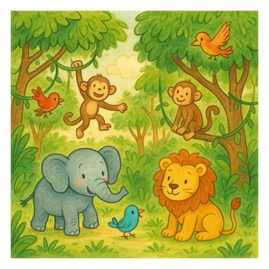 hand drawn digital illustration of jungle safari in the style of children's illustration sticker