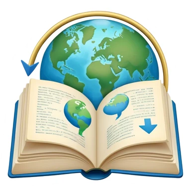 Create an emoji representing language translation. The design should feature an open book or a document with text in multiple languages (e.g., English, Spanish, Chinese), and a translation icon (such as an arrow between two languages) to symbolize the process of converting text. Include elements like a globe or a speech bubble to represent global communication. Use clear, simple lines and a color palette with blues, greens, and subtle neutral tones to convey the idea of clarity and understanding. Make the background transparent. sticker