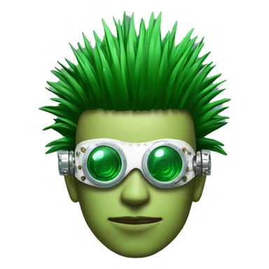Green Mohawk hair male cyborg head with white steampunk goggles and circuits sticker