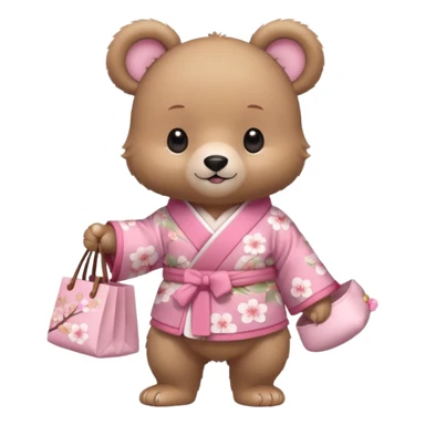 A cute baby bear character in pastel style, standing upright like a human. 
Light brown soft fur, large round ears, rounded paws and feet. 
Wearing a pink kimono with soft cherry blossom patterns on the sleeves and bottom, Holding a cute pastel shopping bag with one paw, walking pose. sticker