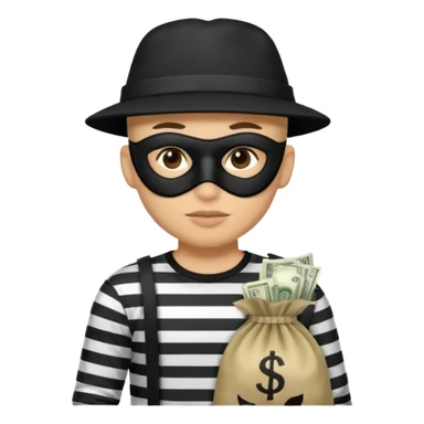 un sombrero de delincuente y un saco de dinero, el ladrón tiene una camisa de rayas negras y blancas y el rostro un antifaz color negro. sticker