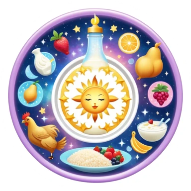 Magical daily fitness nutrition schedule with ethereal water bottle, celestial sun, enchanted chicken and rice plate, mystical gym equipment, glowing yogurt, sparkling fruits, and dreamy sleep symbol, all arranged in a cosmic circle with starry aura sticker