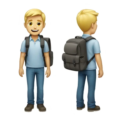 A blonde guy with a backpack first day at new job sticker