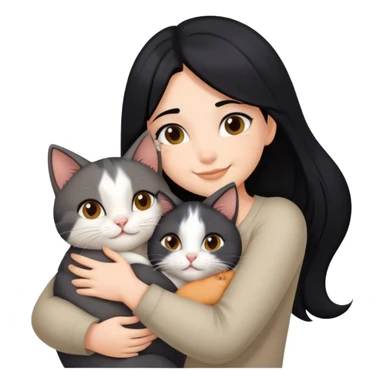 happy girl with black hair hugging three cats  (carey cat, gray cat, brown calico cat) sticker