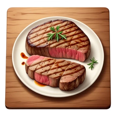 Cinematic thick-cut scotch fillet steak, perfectly seared with grill marks, a grilled center, rich and savory, warm glow, sizzling and mouthwatering, highly detailed and appetizing. sticker