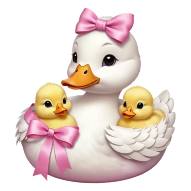 White mama duck with baby chicks with pink ribbons around neck sticker