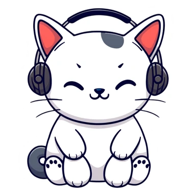 tired sad cat with a gun and headphones, cartoon sticker sticker