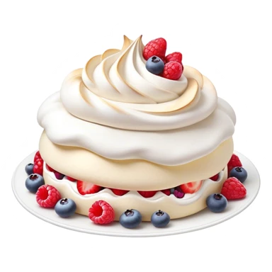 Cinematic Realistic Pavlova Dessert Emoji, showcasing a delicate meringue dessert topped with fresh fruit rendered with lifelike texture and soft natural lighting. sticker