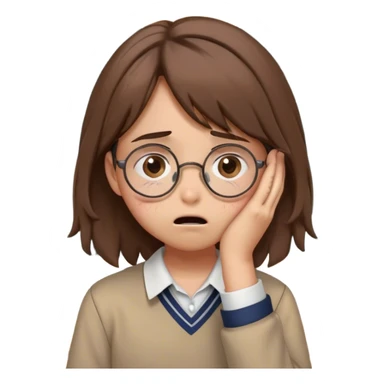 Create an emoji depicting a student who is crying. The student has round glasses, messy brown hair, and is wearing a casual school uniform. Tears are streaming down their face, and they have a sad expression, with their hands covering their face in frustration. The background is a simple classroom setting with a chalkboard behind them, conveying the emotional weight of a stressful school situation. sticker