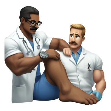 Body builder tattoo mustache doctor inspecting leg sticker