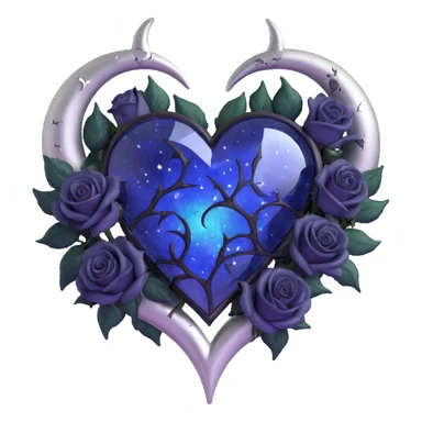 gothic heart, midnight blue glass, silver crescent moon, black roses, stardust, lightning, rain, cracked glass, iridescent style sticker