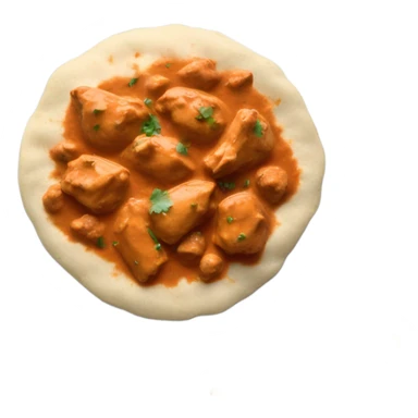 A plate of butter chicken with rice on the side and naan bread sticker