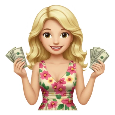 rich long hair blonde australian millionare woman holding a lot of money wearing cute floral dress sticker