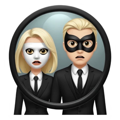 Man killer on mask in mirror behind woman sticker