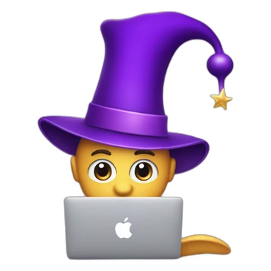 magician with a purple pointy magic hat with a star working on a macbook sticker