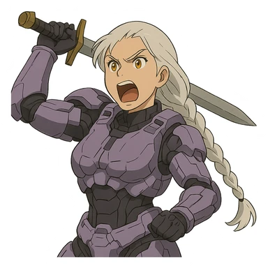female, wearing reach spartan armor default, long white braid hair, gold yellow eyes, attention pose, HALO:series, no helmet, the armor is lavender color scheme, shoulder pad off. DDD bust size fitting. Punk gothic cyberpunk, brandishing a sword, preparing to swing and yelling sticker