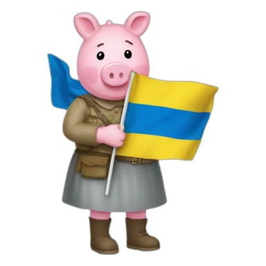 Pepa pig holds a Ukrainian flag sticker