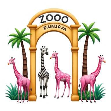 wooden archway labeled 'zoo' with giraffe, panda, zebra, and flamingo gathered at entrance, realistic hand-drawn emoji style, avoiding AI or digital look sticker
