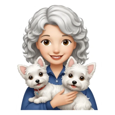 silver, short, wavy-haired with loose curls, smiling pretty lady holding a westie dog sticker
