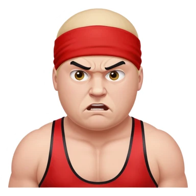 Close-up of white skin fat guy with young face, no muscle with prominent black durag, completely shaved face, no beard or mustache, black eyes in a red and black wrestling singlet with angry face sticker