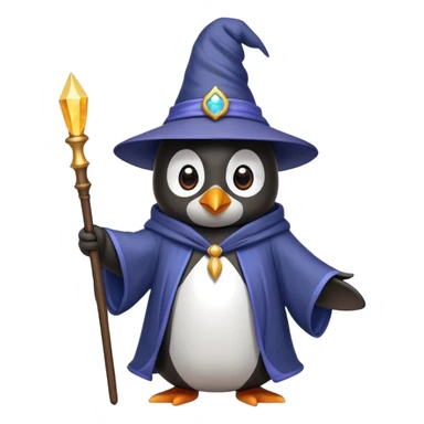 penguin wearing a wizard hat and robe, holding a magic wand sticker