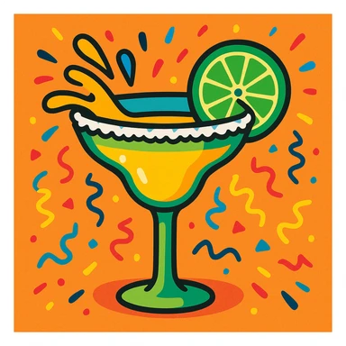 margarita glass with a salted rim, lime slice, and a splash effect, festive and colorful sticker