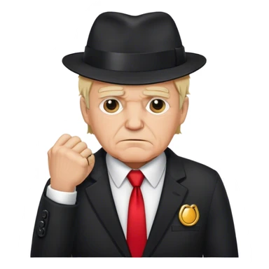 Generate me a white old man with blonde hair in a black suit and white shirt with a red tie. Put him in handcuffs. He should be wearing a red hat and frowning sticker