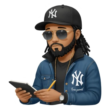African American man with shoulder length black dreadlocks with black beard wearing black sunglasses wearing a black New York Yankees logo baseball cap wearing a black bubble winter coat wearing denim skinny jeans timberland boots writing a note sticker