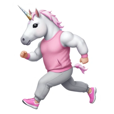 friendly anthropomorphised male white unicorn with a fit, chunky, muscular and strong physique, white arms and legs, wearing grey tracksuit pants and pink jumper, sunglasses, walking quickly sticker