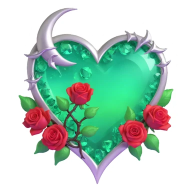 gothic heart made of emerald ice glass, silver crescent moon, jade roses, holographic stardust, neon green lightning, drenched and splintered glass sticker