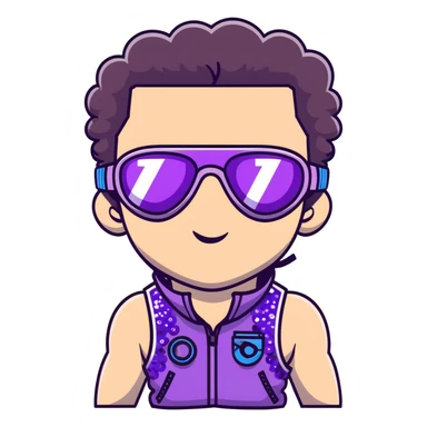 close-up of cool guy male athlete with white skin and moderately curly dark brown hair on top with shaved sides, with one purple ski goggle lens pushed up above his eyes on his forehead, sticking his tongue out of his mouth, a simple plain black chain necklace, and a completely unzipped sleeveless vest with purple and black sequin fire pattern design with no logo sticker