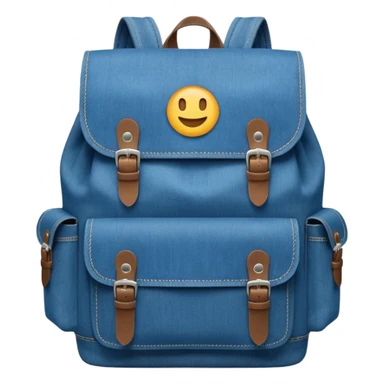 An emoji-style blue denim backpack with a flap top and two small buckle straps attached only on the flap, not connected to the front panel. No front pockets or vertical straps below the flap. Clean and minimal design with two side pockets. Cartoon icon, front view.



 sticker