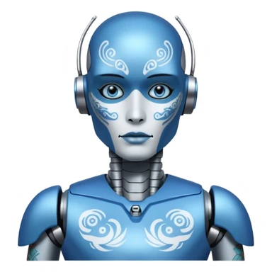 blue Tatooed robot, big many tatooes on chest, neck and face, white tatoo on face sticker