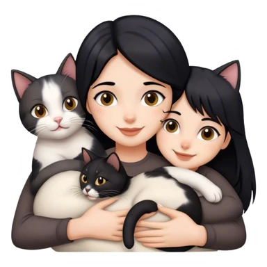 happy girl with black hair hugging three cats  (black calico cat, gray cat, brown calico cat) sticker