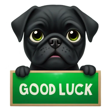Black pug holding a green sign that says good luck  sticker