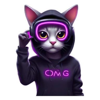 cat wearing a black hoodie with "OMG" letters on it and VR headset in a cyberpunk VR environment with violet neon lighting. sticker
