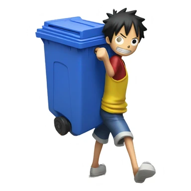 Luffy from one piece taking out his recycling bin, which has a blue body and yellow lid. He is dragging the bin outside sticker
