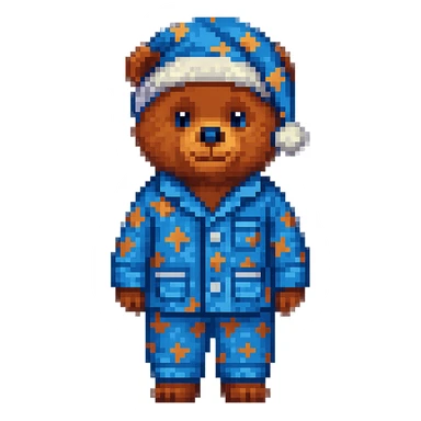 Add a nightcap to the bear in blue pajamas in pixel art style. The style should resemble pixel art with clear pixelated details and colors. sticker