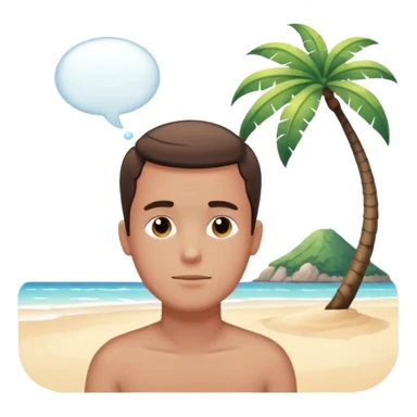 a guy with a relaxed face, thought bubble showing a tropical beach, dreamy atmosphere sticker