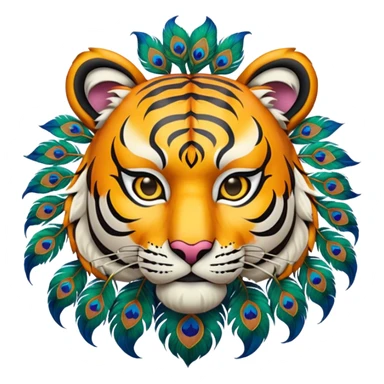 Create an animation emoji of the Ponorogo Reyog from East Java, namely the tiger mask with the peacock dance, which is a typical Ponorogo dance. Above and behind the tiger's head is a peacock's head spreading its tail.  sticker