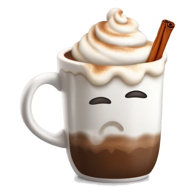 “A white mug of hot chocolate with whipped cream, a cinnamon stick, and steam rising.” sticker