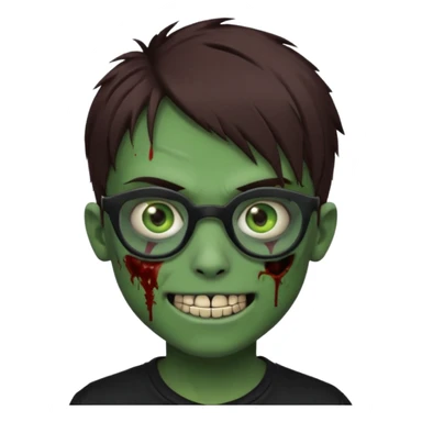 Zombie emo boy, green skin and brown hair and eyes, black glasses and a scary smile with a cut on the side, scars and blood under eyes sticker