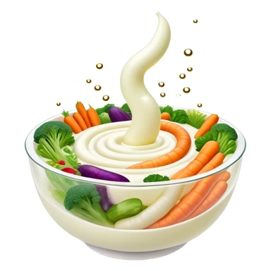 Bowl of glowing white yogurt and colorful fermented vegetables floating around a luminous spiral intestine. Golden bubbles and green particles flow from the intestine, representing beneficial bacteria creating harmony and strengthening immune defenses. sticker