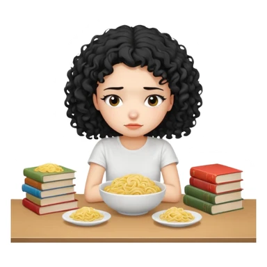 generate a pretty bratz fair skinned girl with curly black hair wearing a white tshirt sitting on a table with noodles and books. looking sleepy and tired sticker