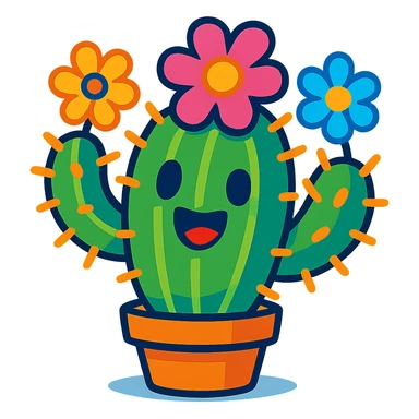 colorful cartoon cactus plant with spines, colorful flowers, happy expression sticker