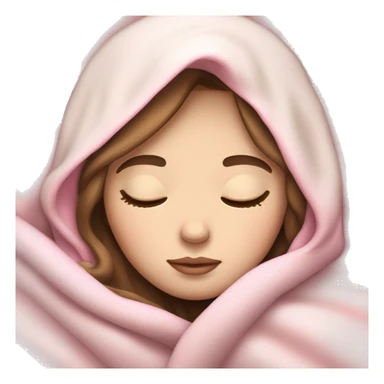 pale skin brown haired girl with white and pink blanket around head with eyes closed sleeping sticker