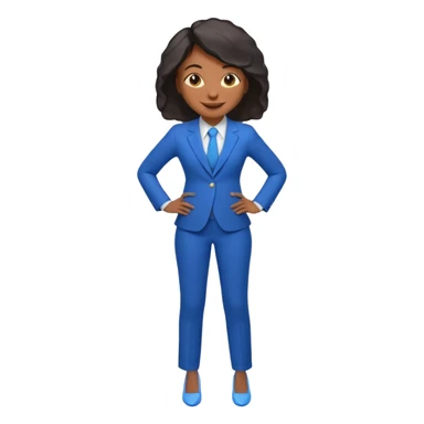 black woman in a blue smart suit and shoes, smiling, hands on hips, emoji style sticker