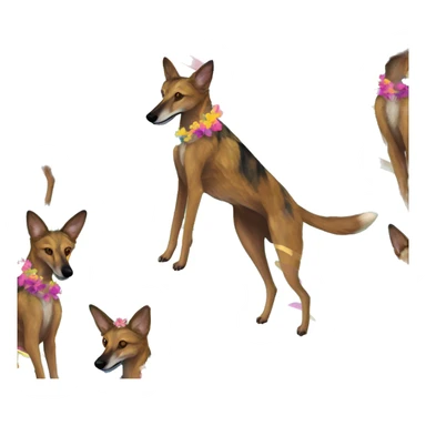  brindle brown black maroon striped lurcher Alsatian fox running blue eyes and iridescent holographic oilslick harness wearing paper iridescent tropical flower crown yellow caution tape sticker