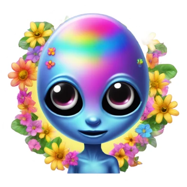 Lisa frank rainbow alien with big oval head and big black eyes with flowers sticker